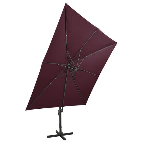 Hængeparasol med stang + LED-lys 300 cm bordeaux