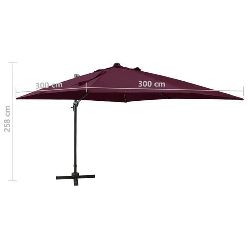 Hængeparasol med stang + LED-lys 300 cm bordeaux
