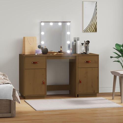Makeupbordssæt med LED-lys massivt fyrretræ gyldenbrun