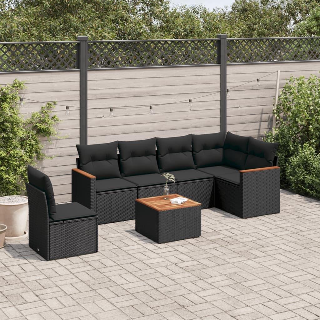 Sofasæt til haven i polyrattan - 7 dele med hynder, sort