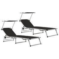 Foldbare liggestole m. baldakin 2 stk. aluminium textilene sort
