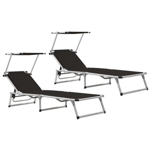 Foldbare liggestole m. baldakin 2 stk. aluminium textilene sort