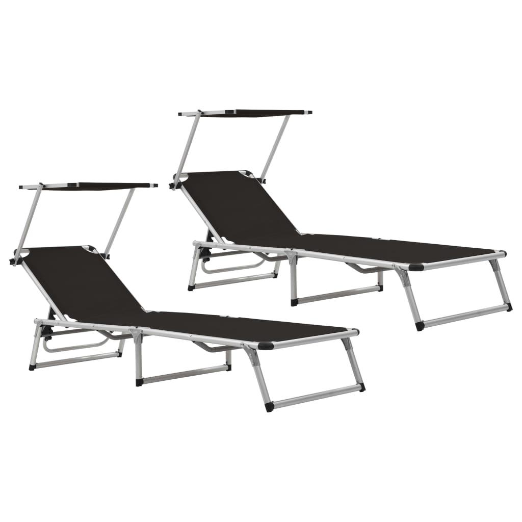 Foldbare liggestole m. baldakin 2 stk. aluminium textilene sort