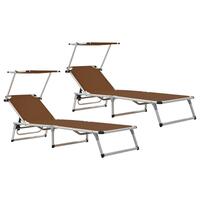 Foldbare liggestole m. baldakin 2 stk. aluminium textilene brun