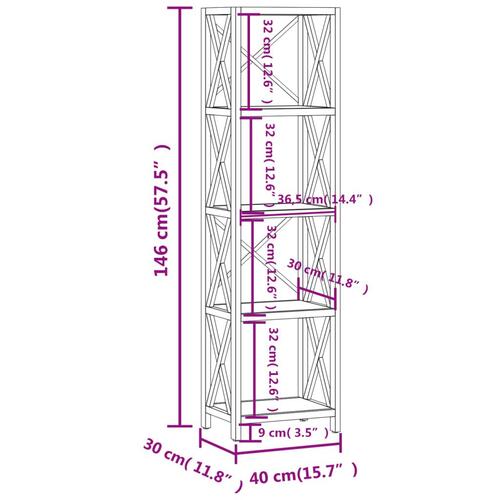 Reol med 5 hylder 40x30x146 cm massivt egetræ