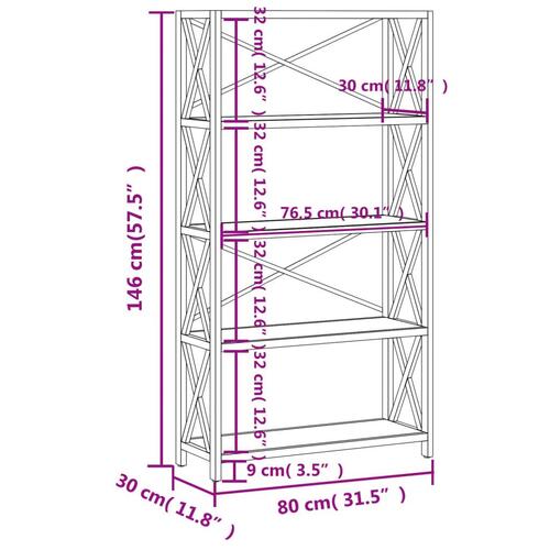 Reol med 5 hylder 80x30x146 cm massivt egetræ