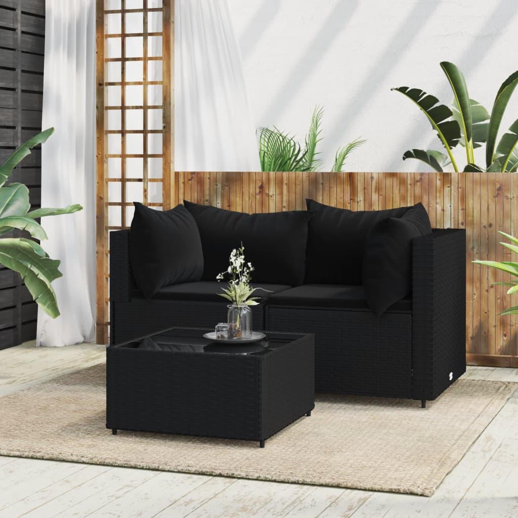 Loungesæt til haven 3 dele med hynder polyrattan sort