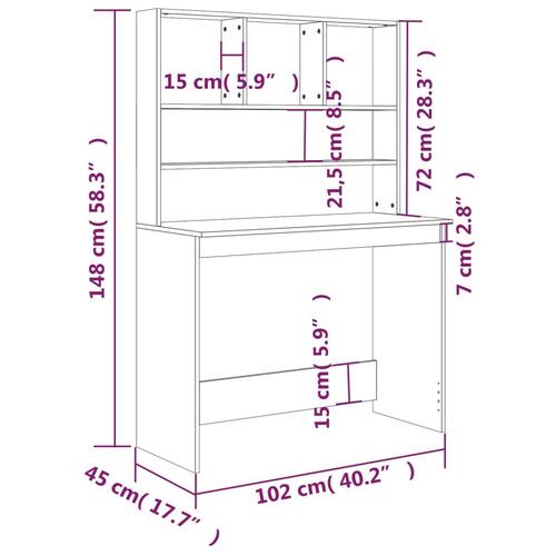 Skrivebord m. hylder 102x45x148 cm konstrueret træ betongrå