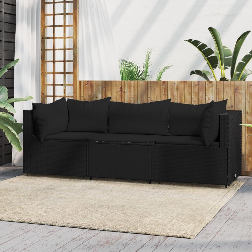 Loungesæt til haven 3 dele med hynder polyrattan sort
