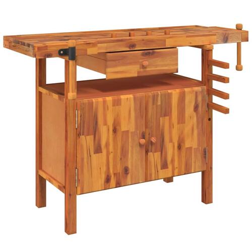 Arbejdsbord skuffe og skruestik 124x52x83 cm massivt akacietræ