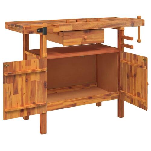 Arbejdsbord skuffe og skruestik 124x52x83 cm massivt akacietræ