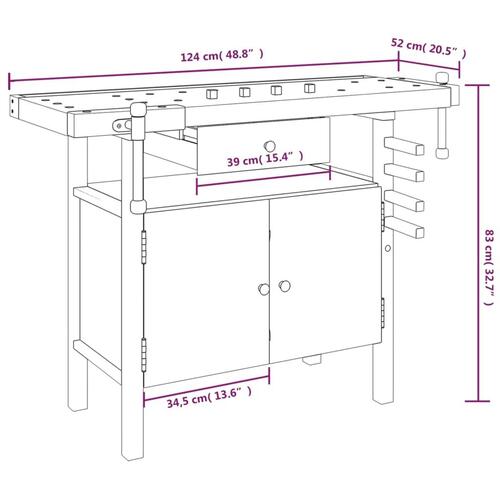 Arbejdsbord skuffe og skruestik 124x52x83 cm massivt akacietræ