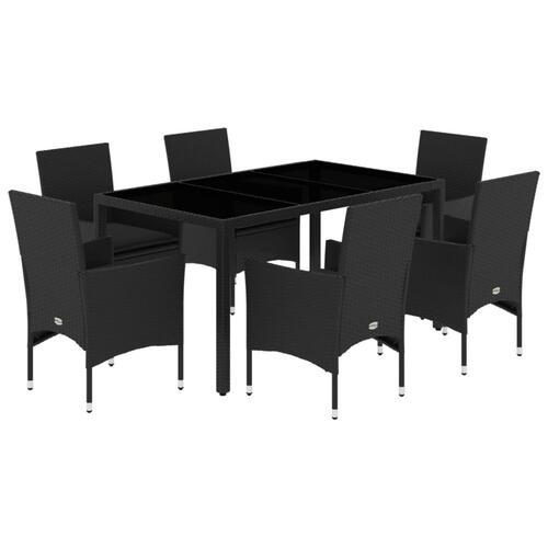 Spisebordssæt til haven 7dele m. hynder polyrattan og glas sort