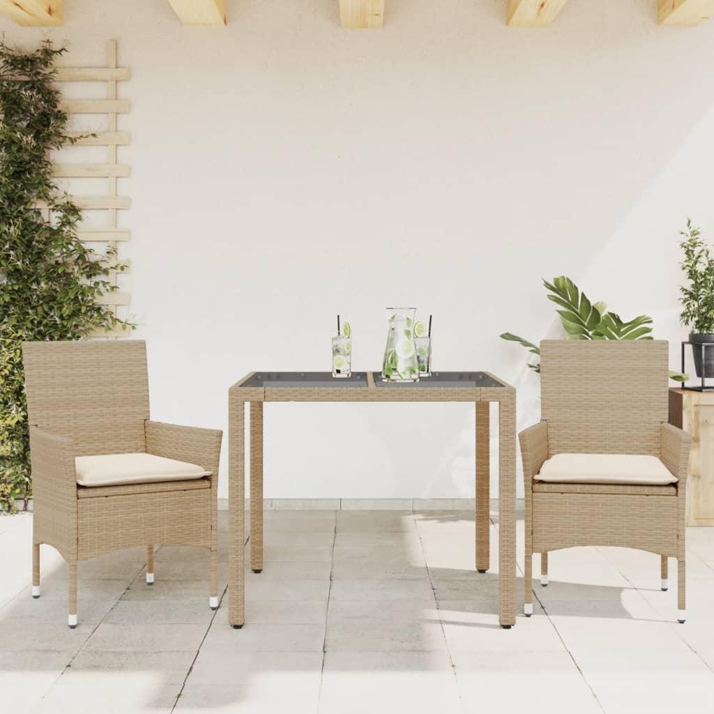 Spisebordssæt til haven 3 dele med hynder polyrattan og glas