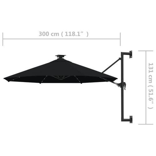 Væghængt parasol m. LED-lys 300 cm sort