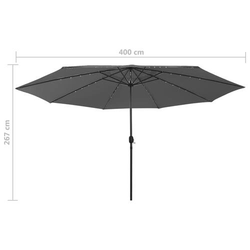 Parasol m. LED-lys + metalstang 400 cm antracitgrå