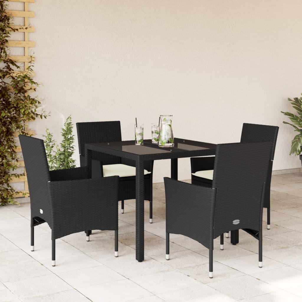 Spisebordssæt til haven 5dele m. hynder polyrattan og glas sort