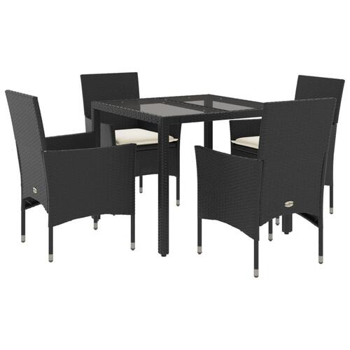 Spisebordssæt til haven 5dele m. hynder polyrattan og glas sort