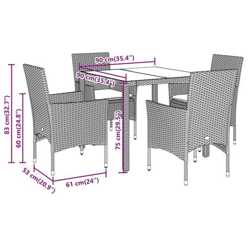 Spisebordssæt til haven 5dele m. hynder polyrattan og glas sort