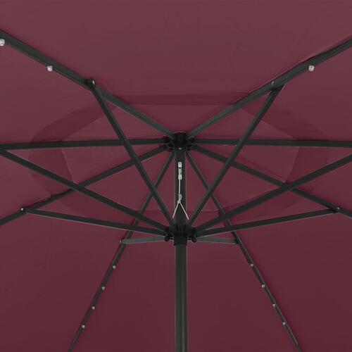 Parasol m. LED-lys + metalstang 400 cm bordeauxfarvet