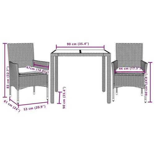 Spisebordssæt til haven 3 dele med hynder polyrattan og glas