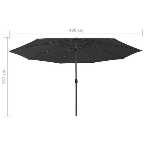 Parasol m. LED-lys + metalstang 400 cm sort