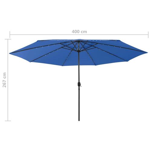 Parasol m. LED-lys + metalstang 400 cm azurblå