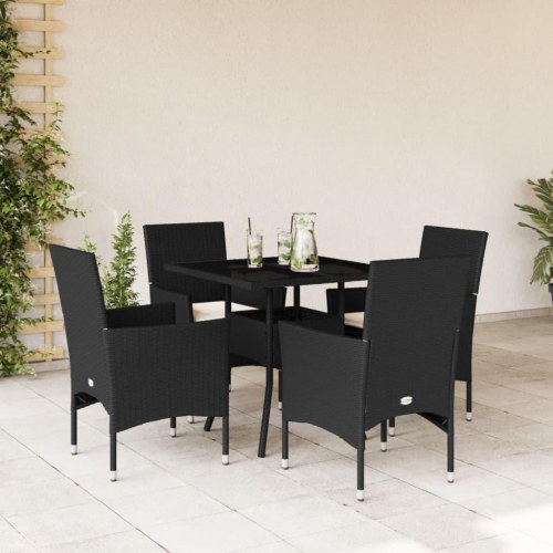 Spisebordssæt til haven - 5 dele i sort polyrattan med glasbord og hynder