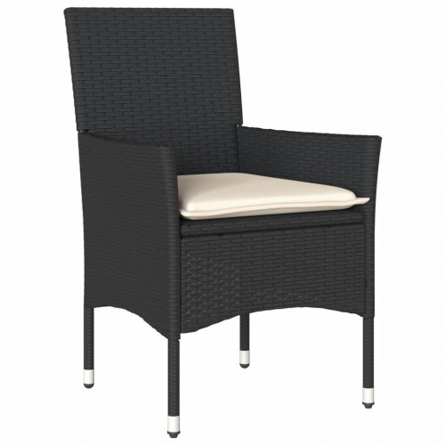 Spisebordssæt til haven - 5 dele i sort polyrattan med glasbord og hynder