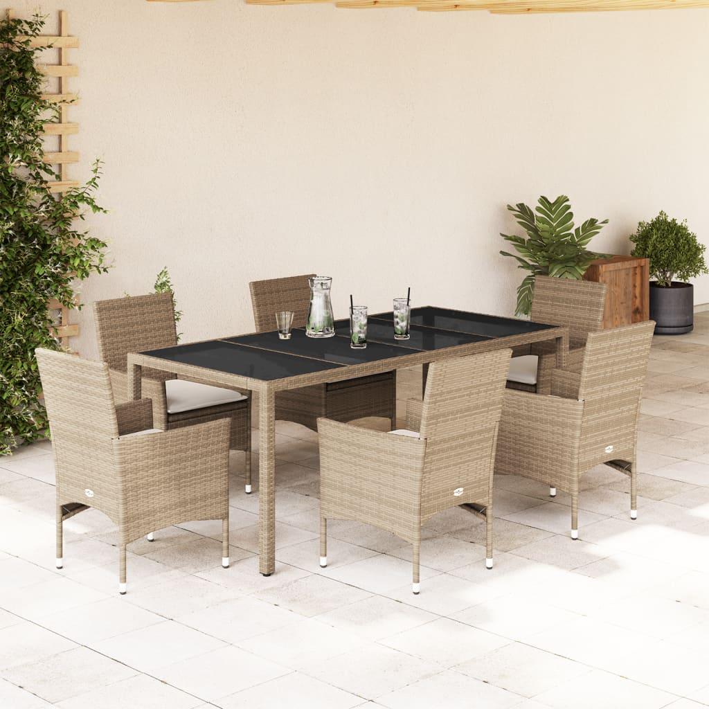 Spisebordssæt til haven 7 dele med hynder polyrattan og glas