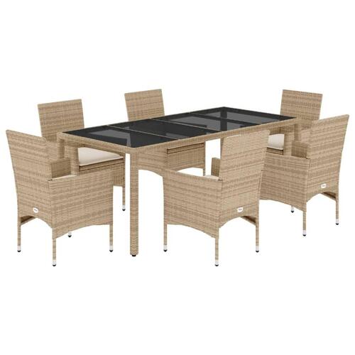 Spisebordssæt til haven 7 dele med hynder polyrattan og glas