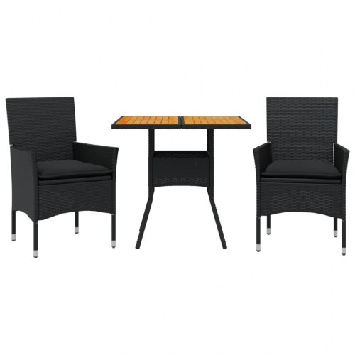 Spisebordssæt til haven 3dele m. hynder polyrattan og glas sort