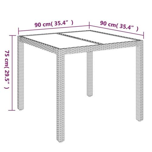 Havebord med glastop 90x90x75 cm polyrattan grå