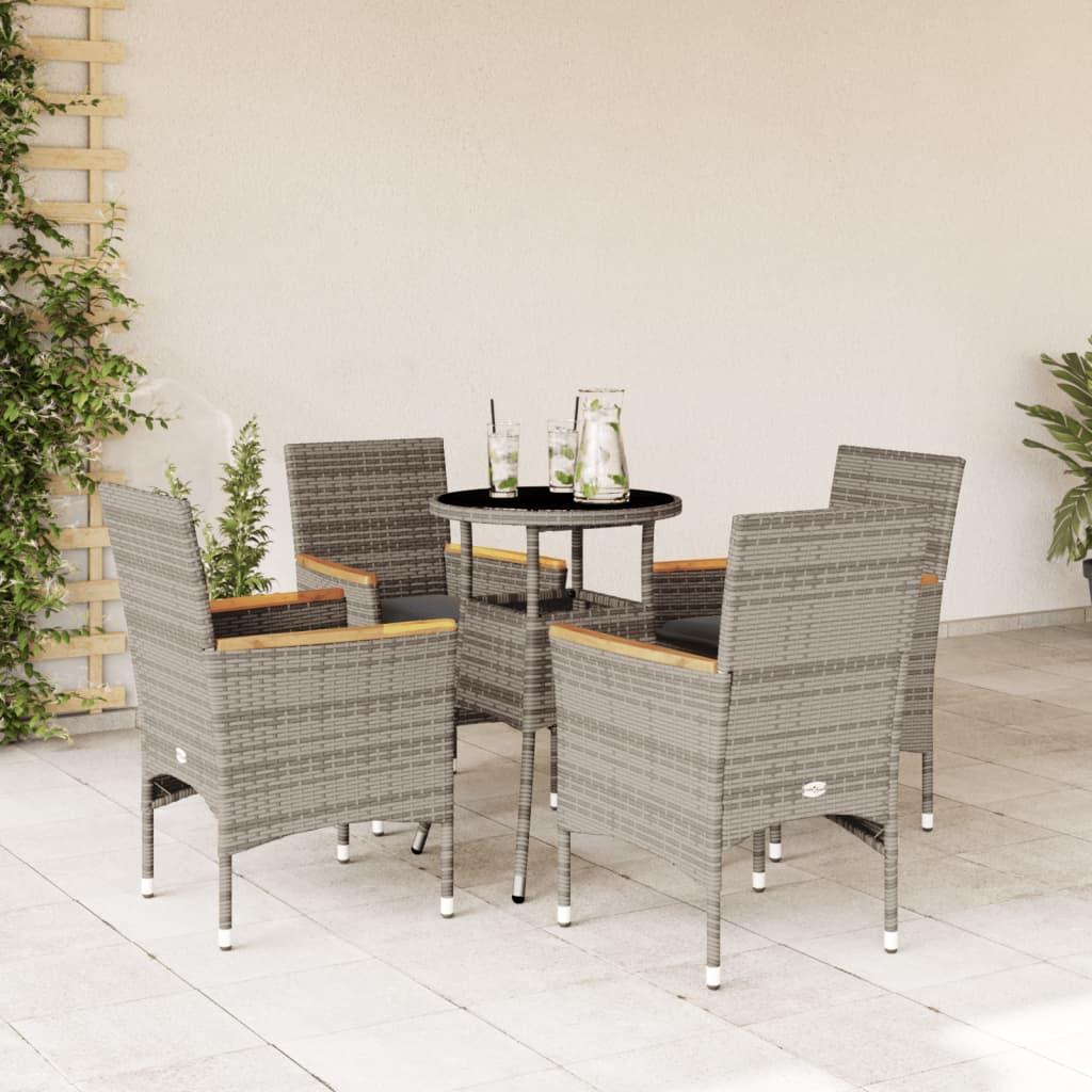Spisebordssæt til haven 5dele med hynder polyrattan og glas grå