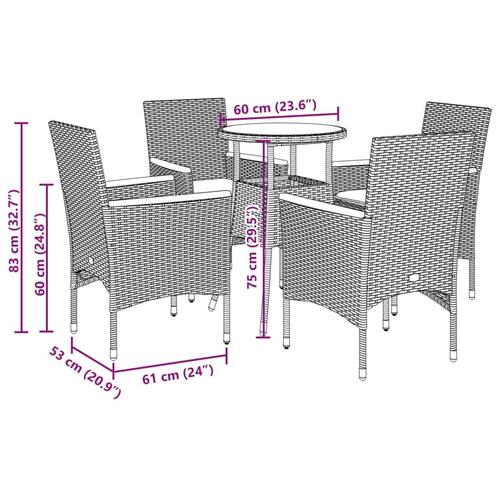 Spisebordssæt til haven 5dele med hynder polyrattan og glas grå