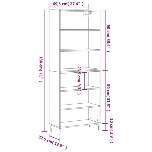 Reol 69,5x32,5x180 cm konstrueret træ hvid