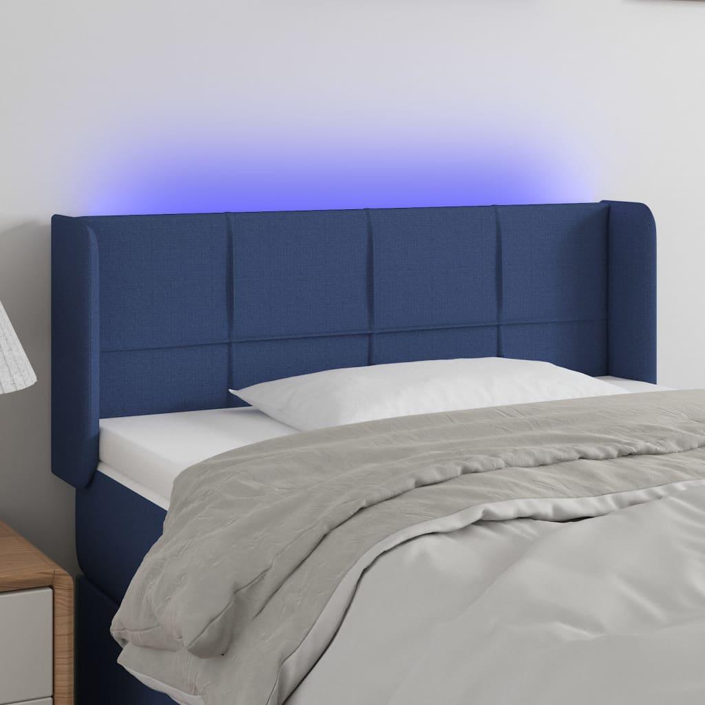 Sengegavl med LED-lys 103x16x78/88 cm stof blå billede