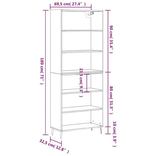 Reol 69,5x32,5x180 cm konstrueret træ sonoma-eg