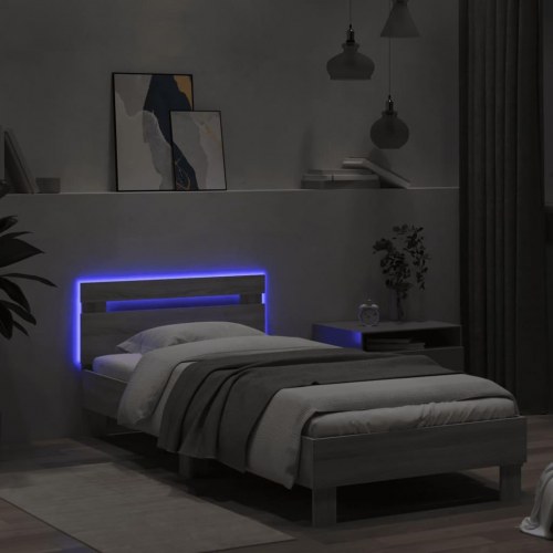 Sengeramme med sengegavl og LED-lys 90x200 cm grå sonoma-eg