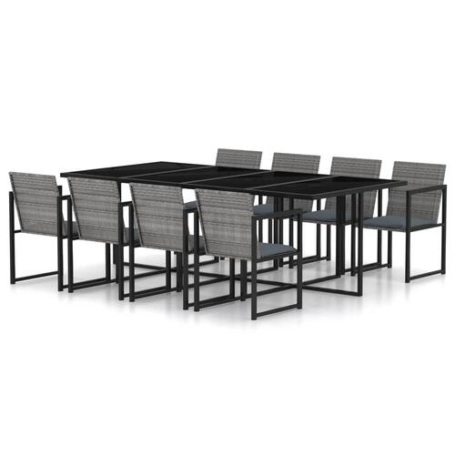 Udendørs spisebordssæt 9 dele med hynder polyrattan grå