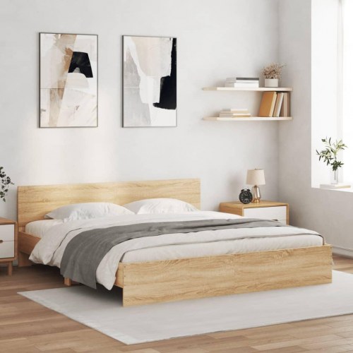 Sengeramme med sengegavl og LED-lys 180 x 200 cm - sonoma-eg