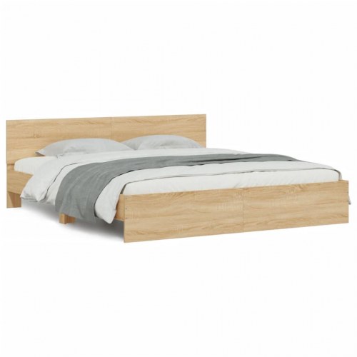 Sengeramme med sengegavl og LED-lys 180 x 200 cm - sonoma-eg