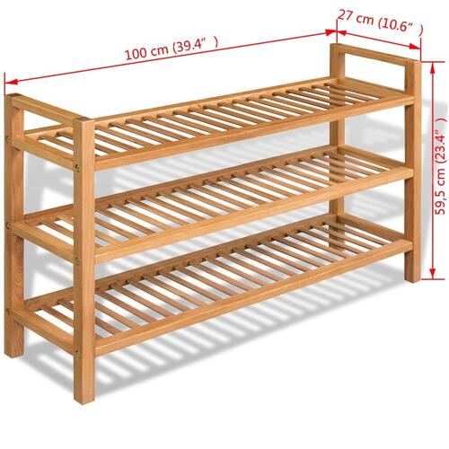 Skostativ med 3 hylder 100x27x60 cm massivt egetræ