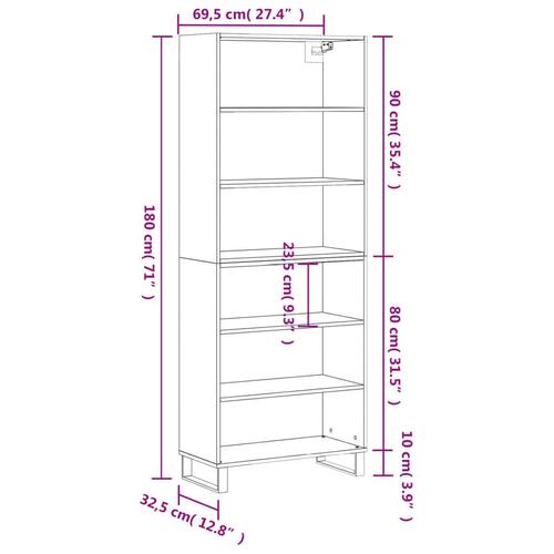 Reol 69,5x32,5x180 cm konstrueret træ hvid