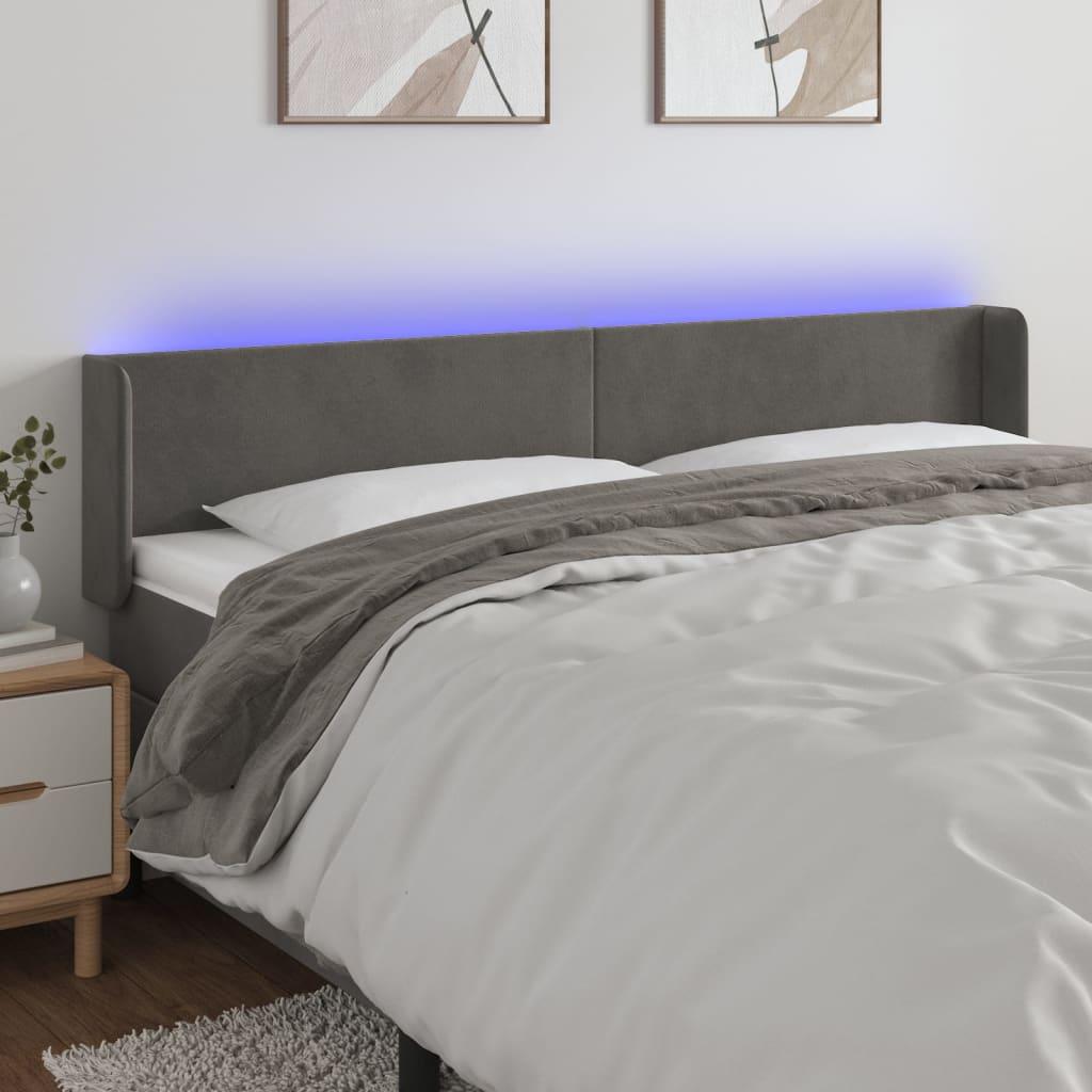 Sengegavl med LED-lys 163x16x78/88 cm - fløjl, mørkegrå billede