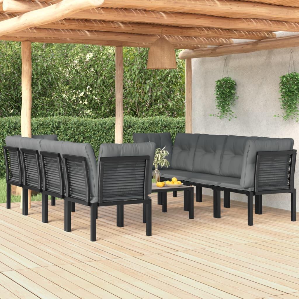 Loungesæt til haven i polyrattan - 9 dele, sort med grå hynder billede