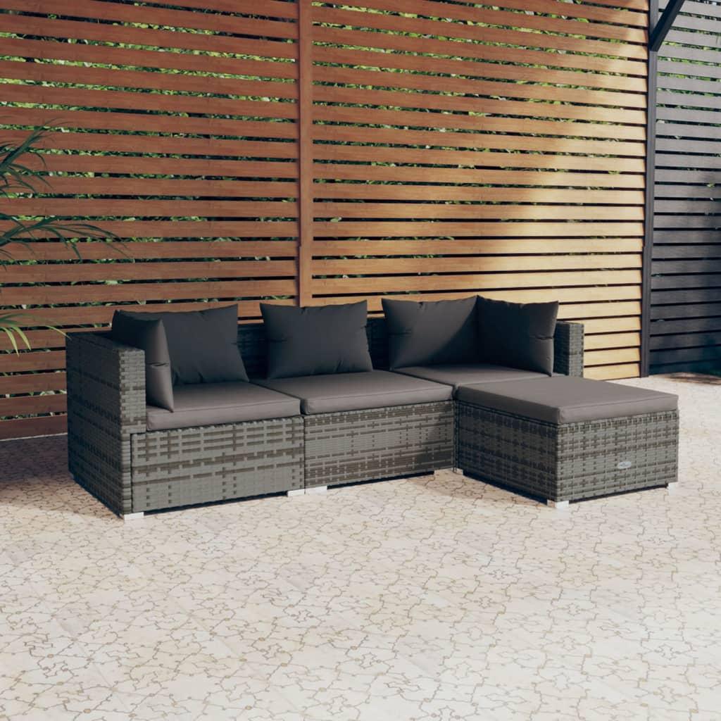 Loungesæt til haven 4 dele med hynder polyrattan grå billede