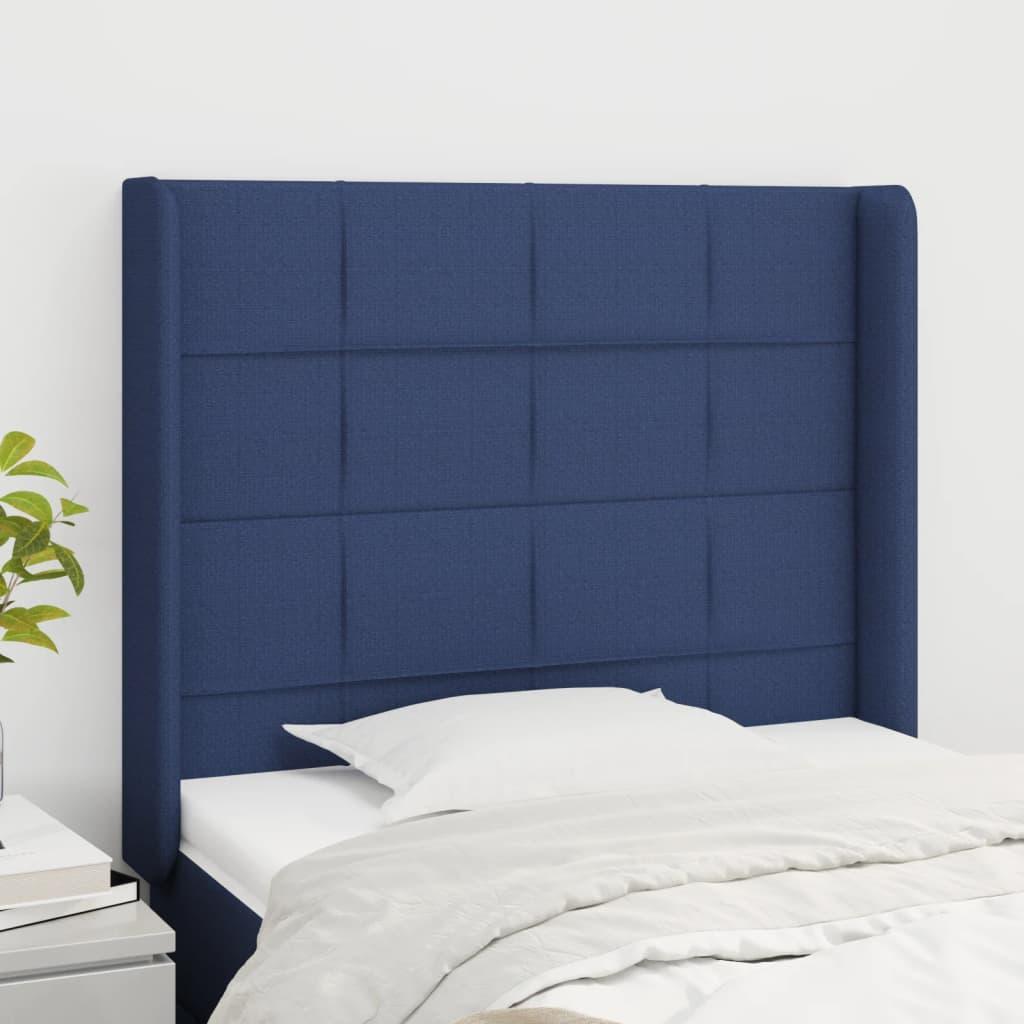 Sengegavl med kanter 83x16x118/128 cm stof blå billede