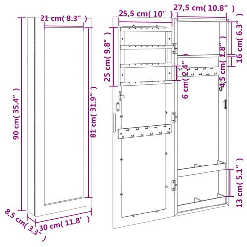 Væghængt smykkeskab med spejl 30x8,5x90 cm sort