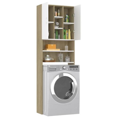Vaskemaskineskab 64x25,5x190 cm spånplade hvid og sonoma-eg